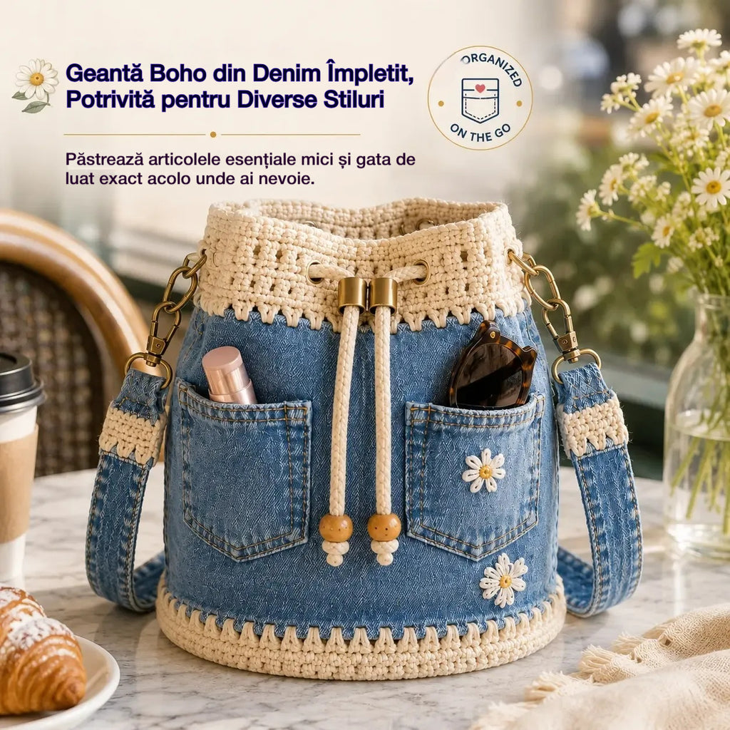 🎒Geantă Boho din Denim Împletit, Potrivită pentru Diverse Stiluri ✨
