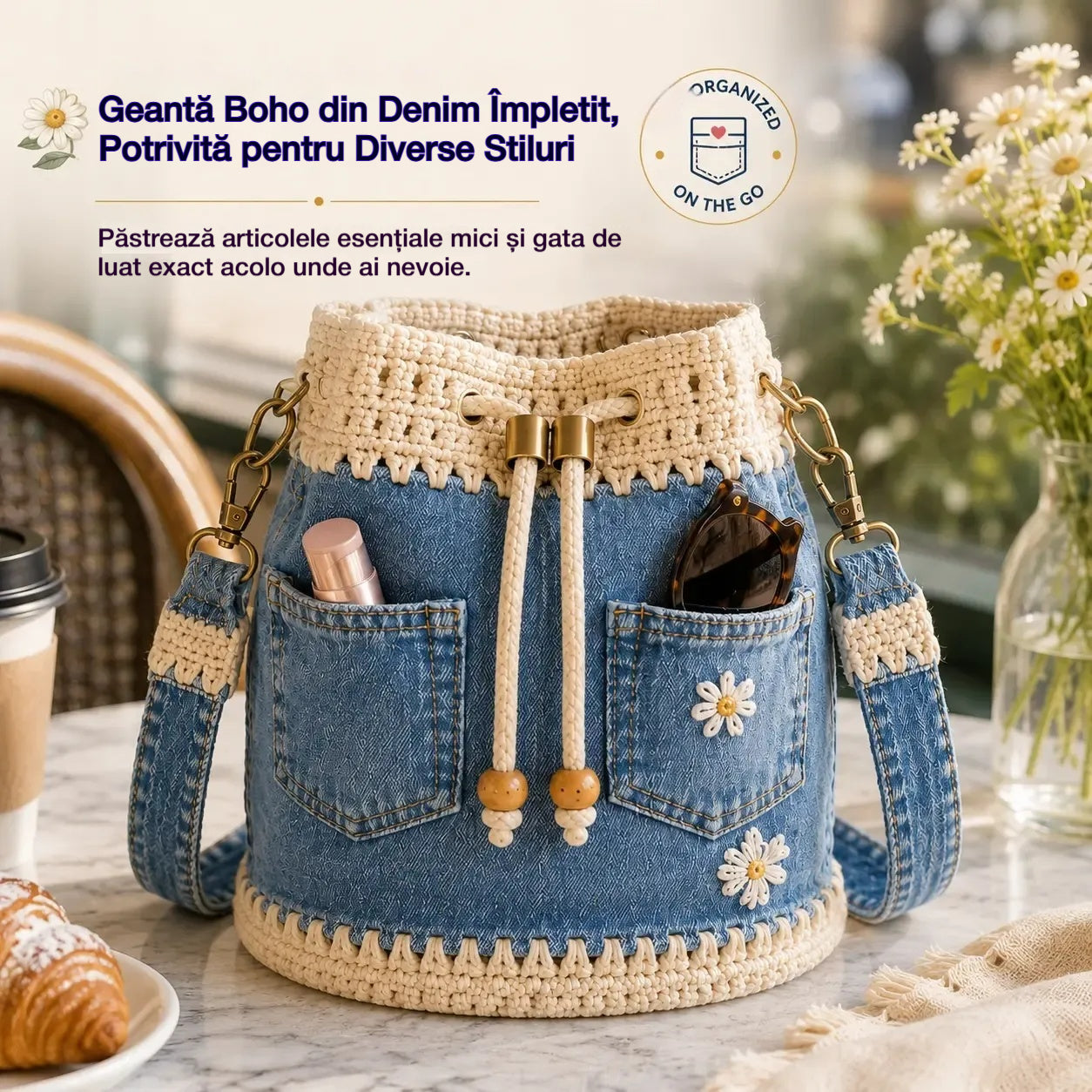 🎒Geantă Boho din Denim Împletit, Potrivită pentru Diverse Stiluri ✨