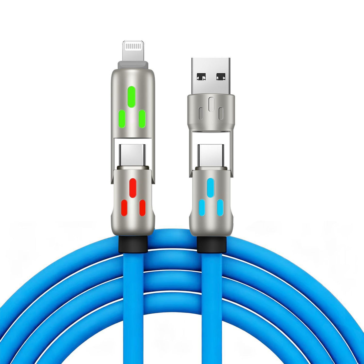 🔥 【2 bucăți la 119 de lei】 🔥 (2 metri lungime) Cablu 4 în 1 PD 240 W – USB-C, Lightning și încărcare rapidă USB-A, aluminiu și silicon, sincronizare date ⚡📱