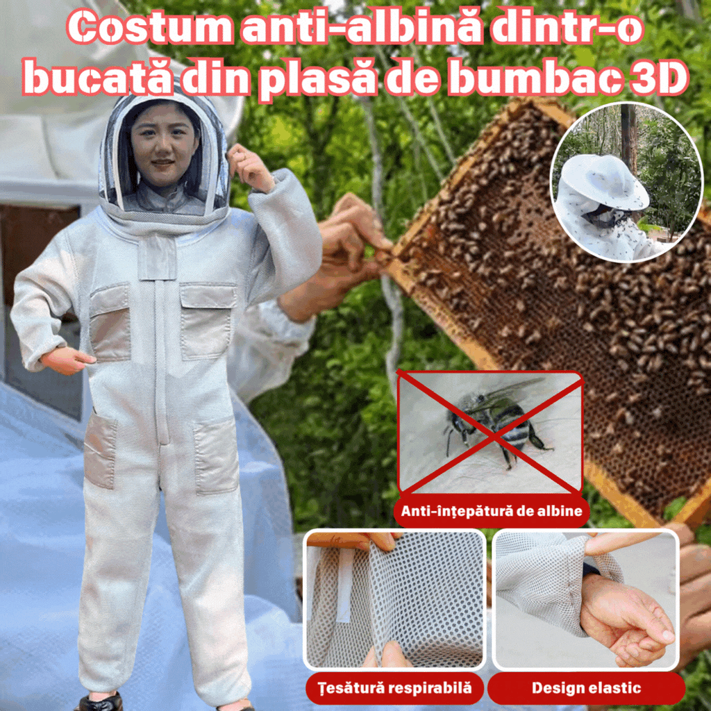 Costum anti-albină dintr-o bucată din plasă de bumbac 3D