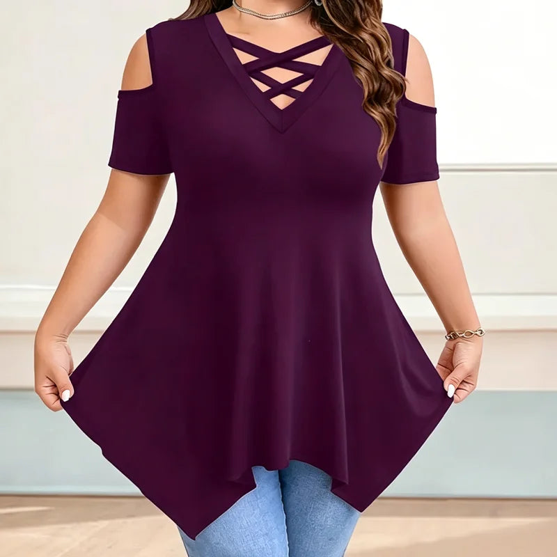 👚【S-5XL】Tricou modern cu decolteu în V încrucișat și umeri goi