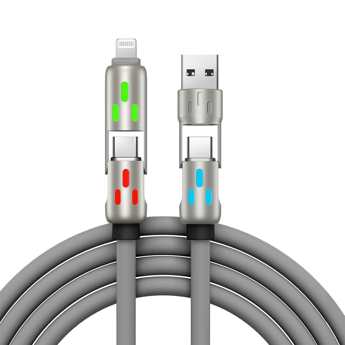 🔥 【2 bucăți la 119 de lei】 🔥 (2 metri lungime) Cablu 4 în 1 PD 240 W – USB-C, Lightning și încărcare rapidă USB-A, aluminiu și silicon, sincronizare date ⚡📱