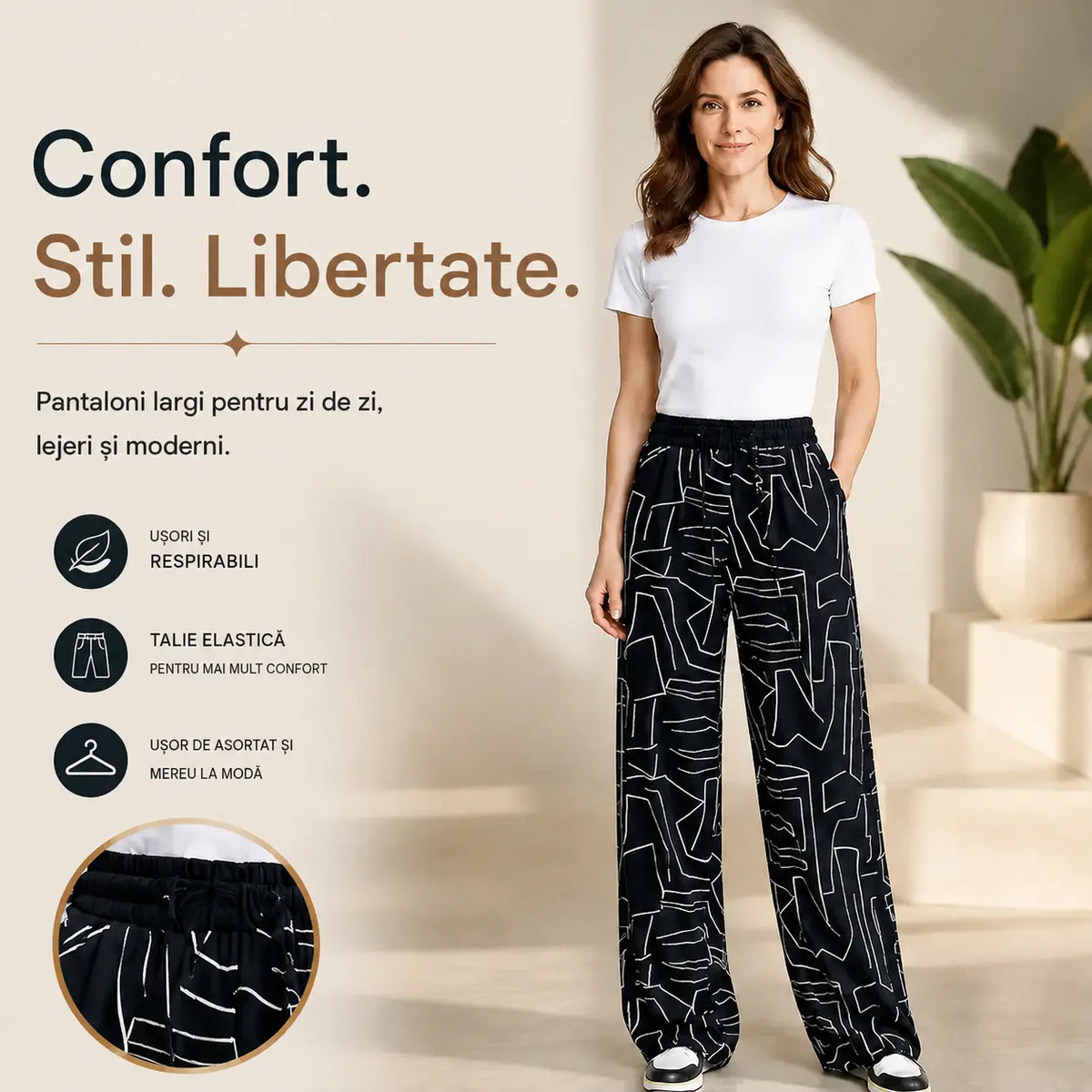 ✨【40-100 KG】Pantaloni de damă cu talie înaltă și efect răcoritor, pantaloni largi și respirabili pentru vară — croială lejeră