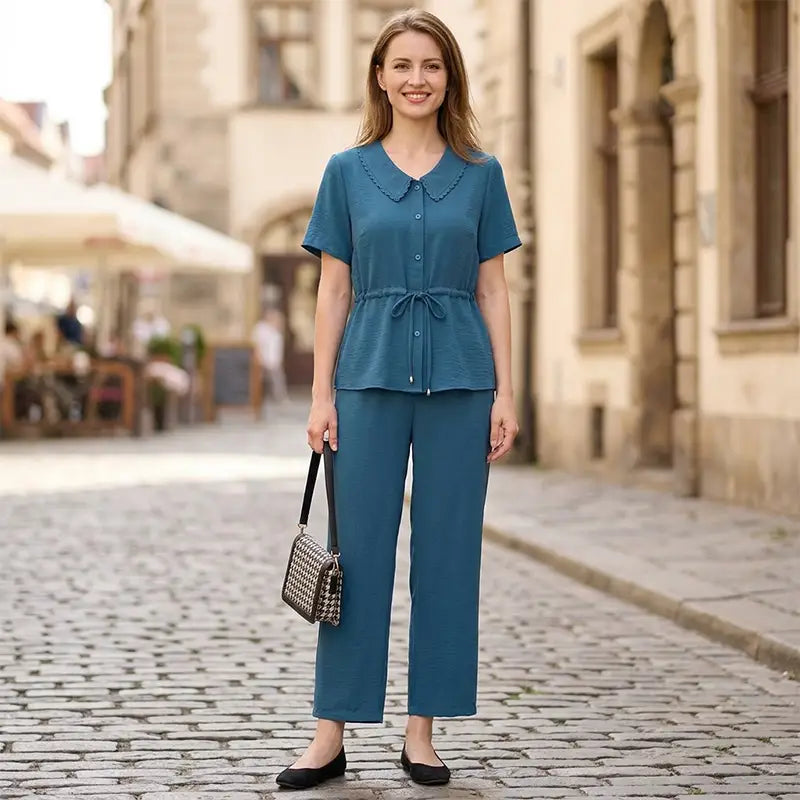 【S-4XL】Costum Elegant de Vară pentru Doamne (Bluză + Pantalon) – Croială inteligentă care subțiază silueta și ascunde burtica, oferind un plus de rafinament!