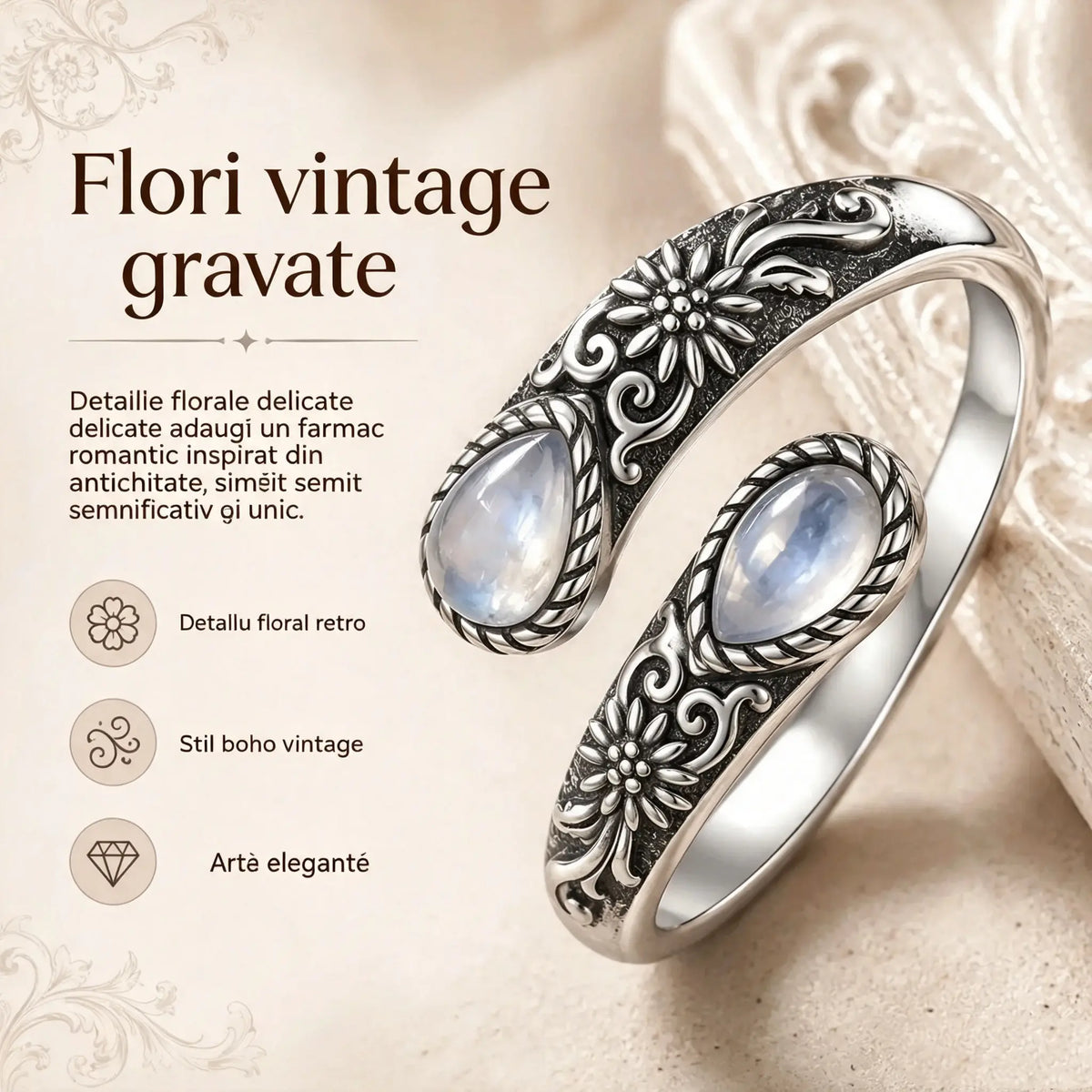 Ultima zi! Reducere de 50% la inelul cu floare din piatră lunară, în stil vintage. Mărime ajustabilă. Eleganță atemporală.
