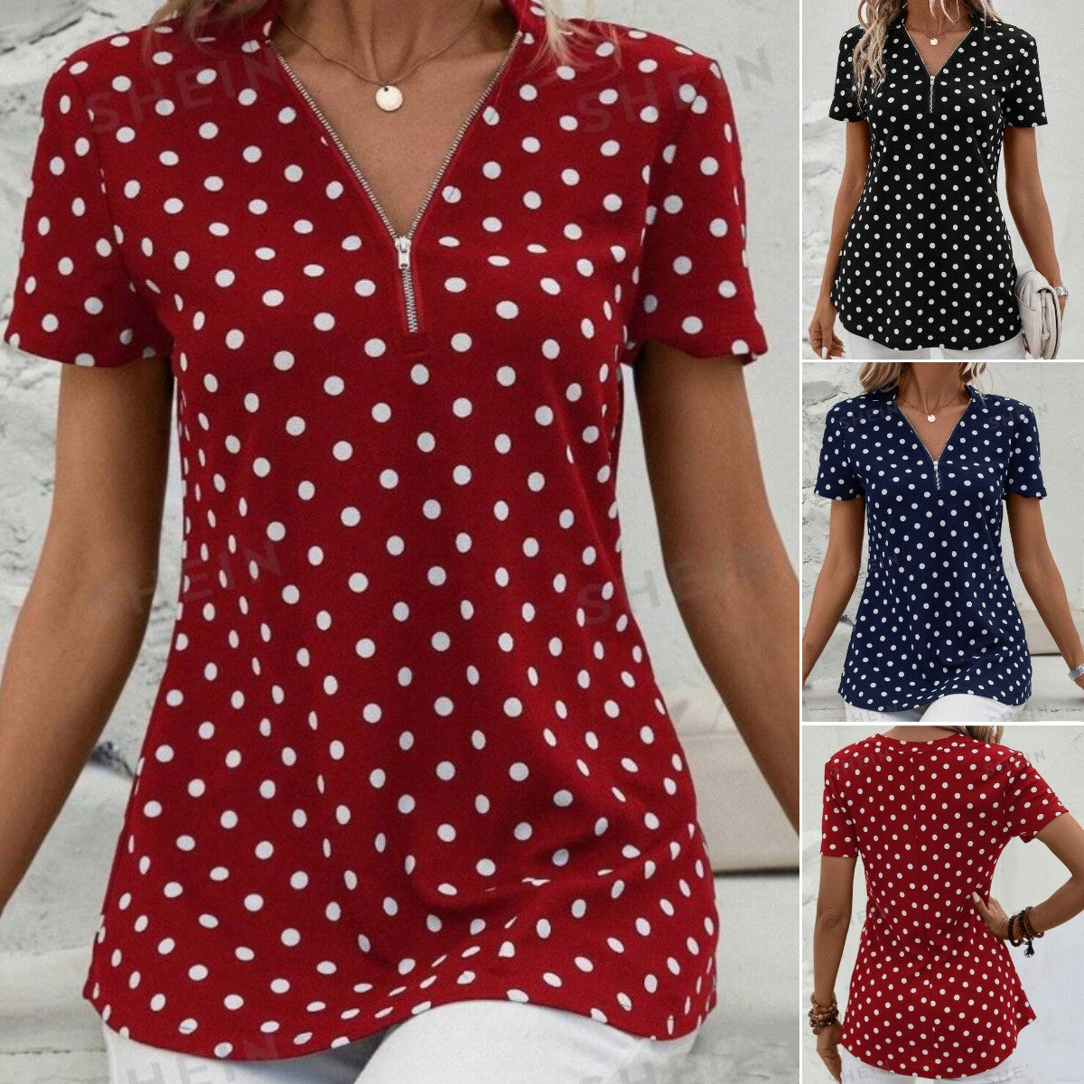 💥【49%OFF!!Livrare gratuită!】👚2026 noua maneca scurta cu imprimeu cu buline, top neregulat cu fermoar cu decolteu in V
