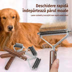 Perie Profesională De-Shedding pentru Câini și Pisici, Pieptene Dublu din Inox pentru Descâlcit Blana și Îndepărtat Subpărul, Mâner din Lemn, Reduce Căderea Părului
