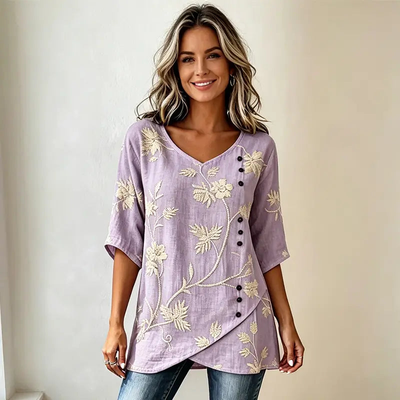 Bluză Vintage din In și Bumbac cu Broderie Florală, Gât în V și Design Asimetric cu Nasturi, Material Respirabil și Moale, Stil Retro Elegant