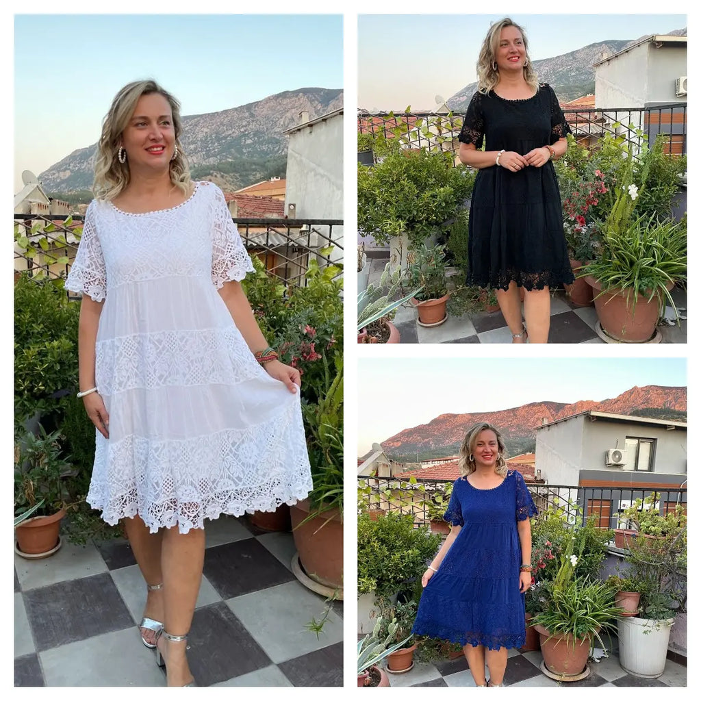 ✨✨【S-5XL】Rochie tricou nouă cu mânecă scurtă, cu gât rotund, din dantelă