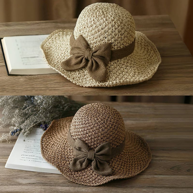 👒 Pălărie retro de paie cu fundă – Pliabilă și respirabilă pentru vară