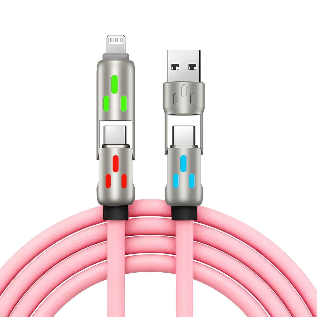 🔥 【2 bucăți la 119 de lei】 🔥 (2 metri lungime) Cablu 4 în 1 PD 240 W – USB-C, Lightning și încărcare rapidă USB-A, aluminiu și silicon, sincronizare date ⚡📱