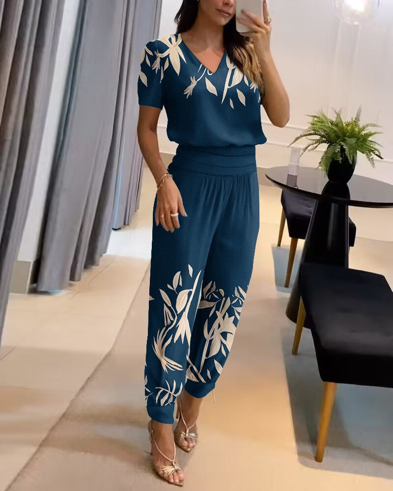 【Top+Pantaloni】 Costum casual de dama din doua piese cu modelSet din două piese de pantaloni cu mânecă scurtă cu decolteu în V imprimați pentru femei
