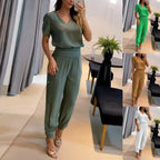 【Top+Pantaloni】 Costum casual de dama din doua piese cu modelSet din două piese de pantaloni cu mânecă scurtă cu decolteu în V imprimați pentru femei