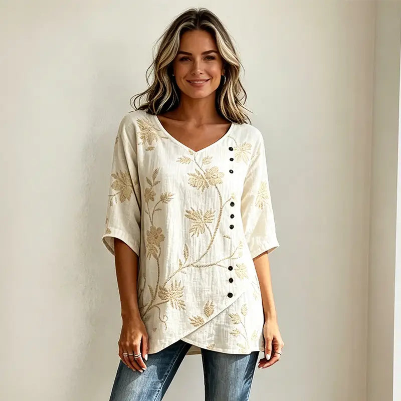 Bluză Vintage din In și Bumbac cu Broderie Florală, Gât în V și Design Asimetric cu Nasturi, Material Respirabil și Moale, Stil Retro Elegant