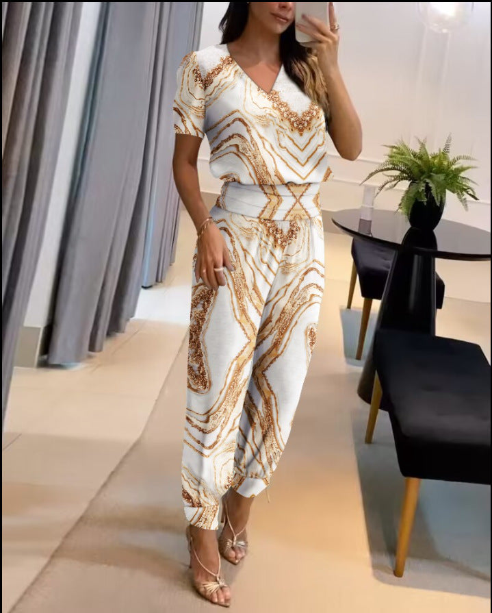 【Top+Pantaloni】 Costum casual de dama din doua piese cu modelSet din două piese de pantaloni cu mânecă scurtă cu decolteu în V imprimați pentru femei