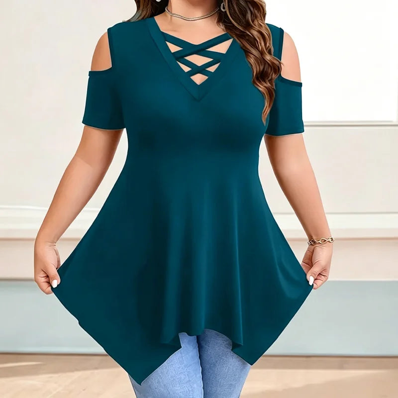 👚【S-5XL】Tricou modern cu decolteu în V încrucișat și umeri goi