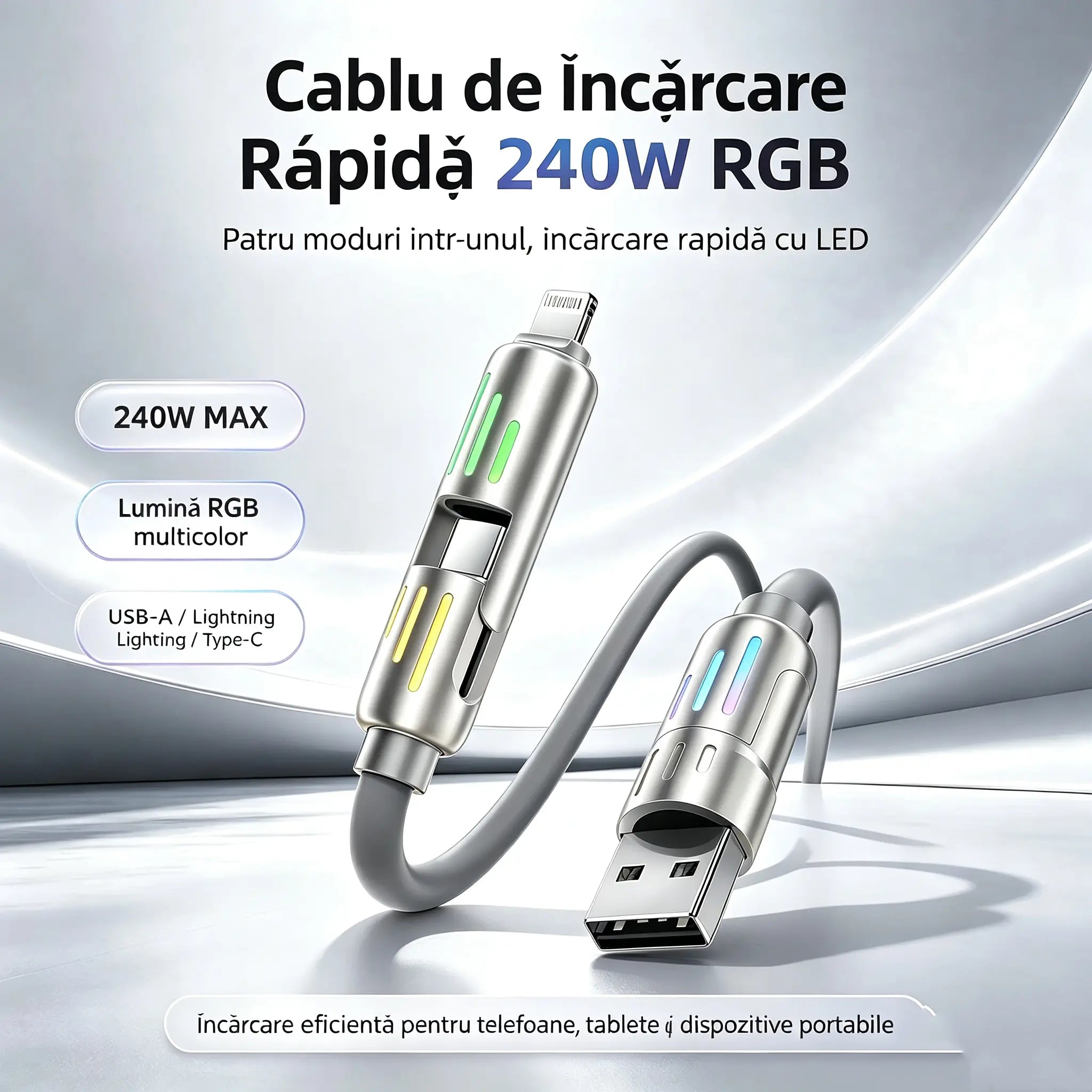 🔥 【2 bucăți la 119 de lei】 🔥 (2 metri lungime) Cablu 4 în 1 PD 240 W – USB-C, Lightning și încărcare rapidă USB-A, aluminiu și silicon, sincronizare date ⚡📱