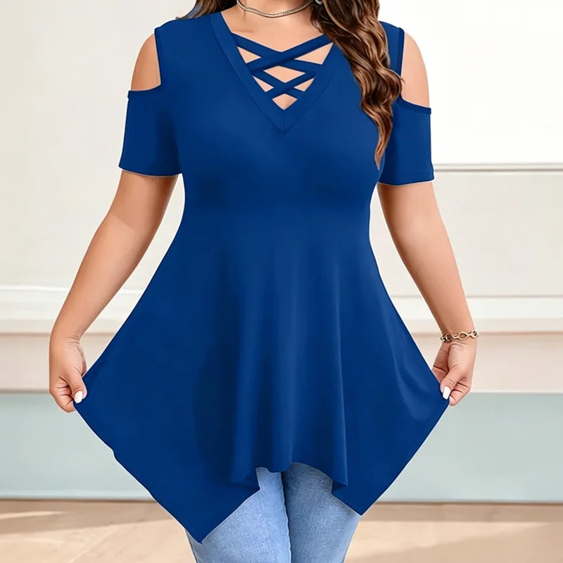 👚【S-5XL】Tricou modern cu decolteu în V încrucișat și umeri goi