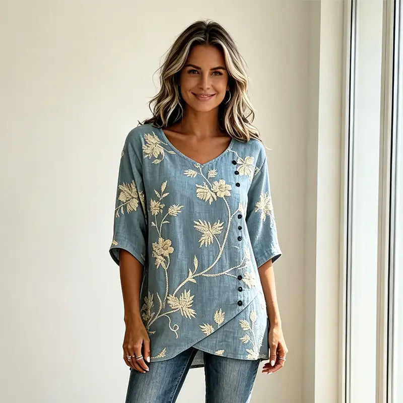 Bluză Vintage din In și Bumbac cu Broderie Florală, Gât în V și Design Asimetric cu Nasturi, Material Respirabil și Moale, Stil Retro Elegant