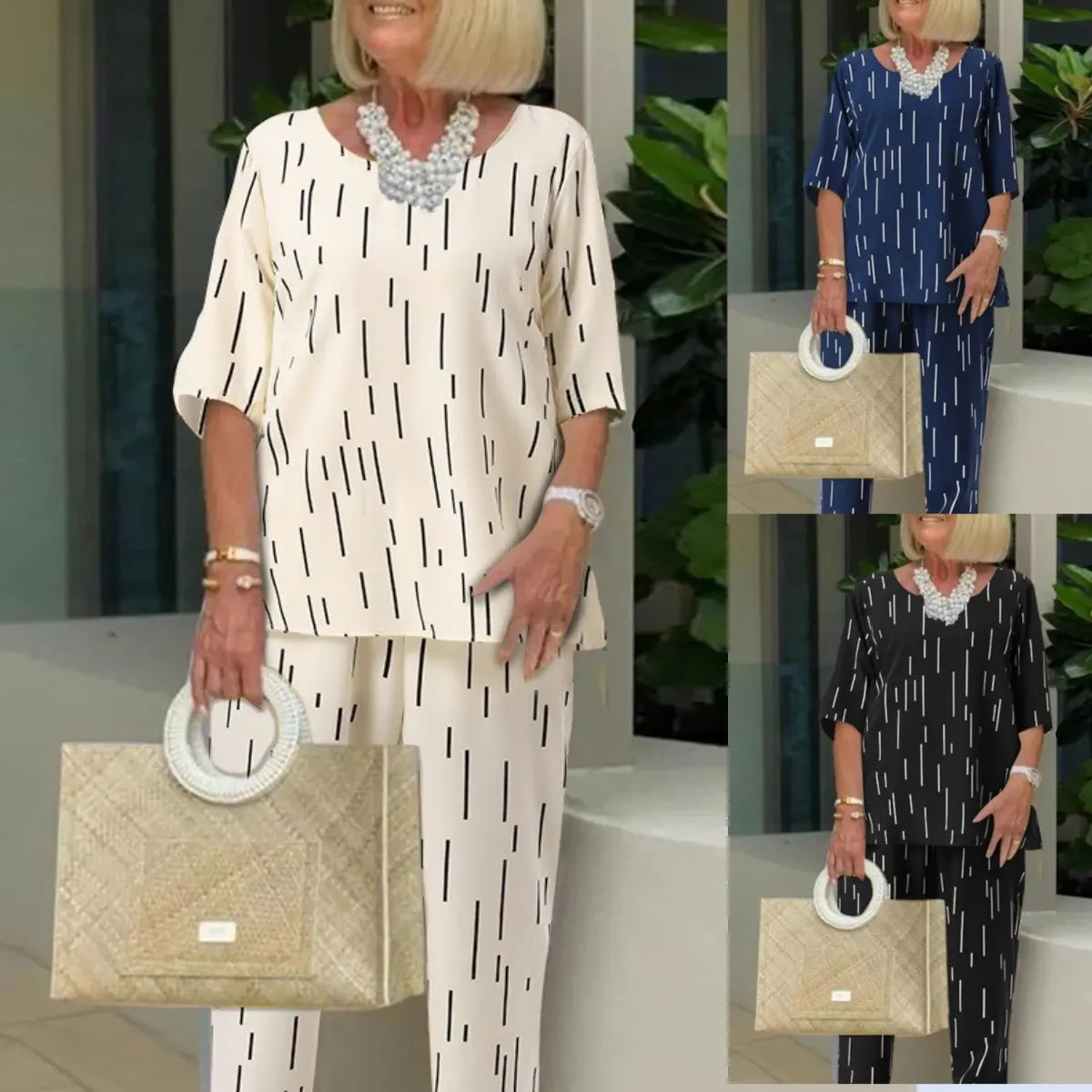 【Top + pantaloni】【40-110kg】2026, primăvară și vară, noua modă, cu gât rotund, mânecă cinci sferturi, set liber din două piese