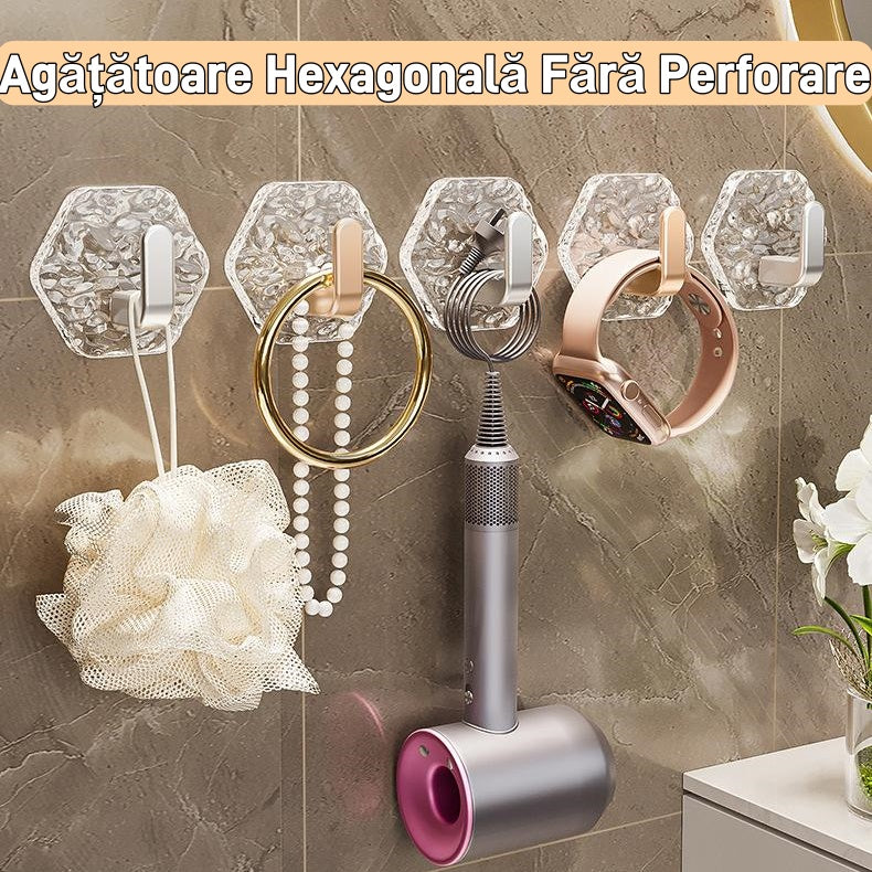 💥🏆【10/20/30 Buc】Agățătoare Hexagonală Fără Perforare.💎 Design Elegant cu Textură Iceberg – Lipire Ușoară, Suport Puternic, Fără Urme 🛁