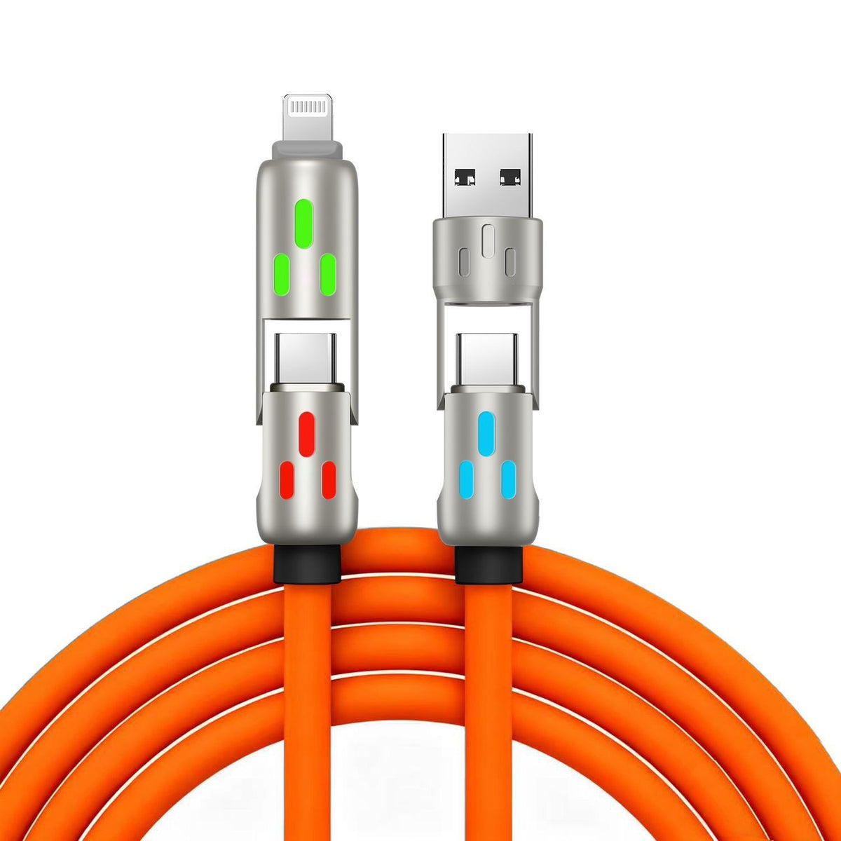 🔥 【2 bucăți la 119 de lei】 🔥 (2 metri lungime) Cablu 4 în 1 PD 240 W – USB-C, Lightning și încărcare rapidă USB-A, aluminiu și silicon, sincronizare date ⚡📱