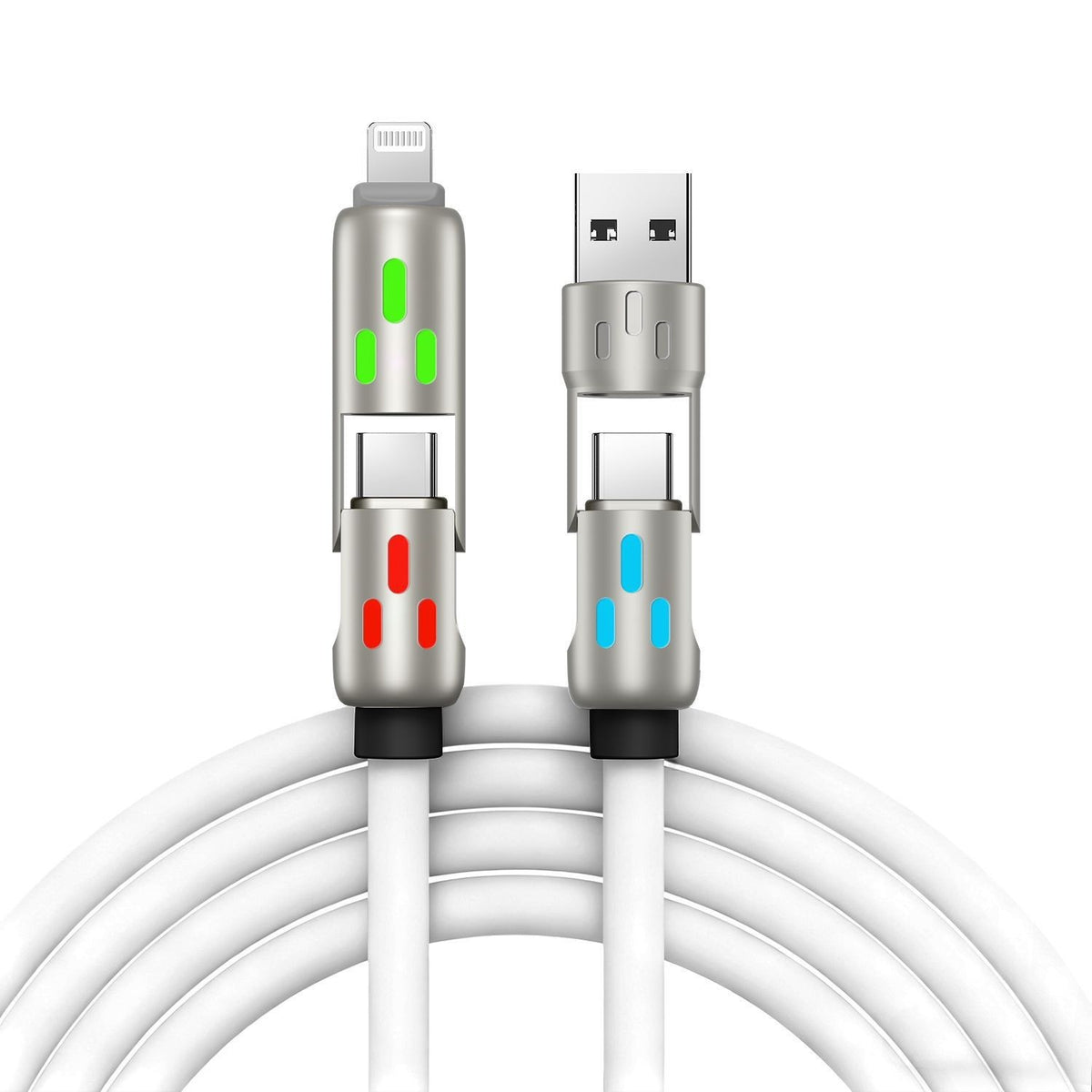 🔥 【2 bucăți la 119 de lei】 🔥 (2 metri lungime) Cablu 4 în 1 PD 240 W – USB-C, Lightning și încărcare rapidă USB-A, aluminiu și silicon, sincronizare date ⚡📱