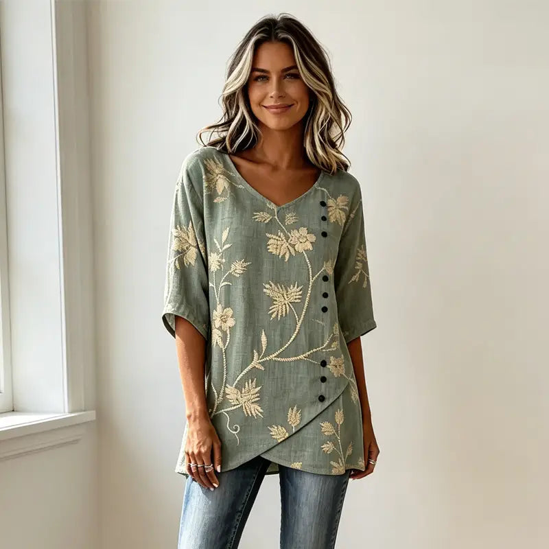 Bluză Vintage din In și Bumbac cu Broderie Florală, Gât în V și Design Asimetric cu Nasturi, Material Respirabil și Moale, Stil Retro Elegant