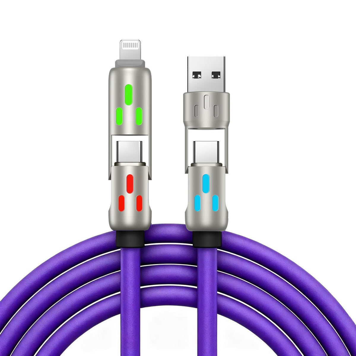 🔥 【2 bucăți la 119 de lei】 🔥 (2 metri lungime) Cablu 4 în 1 PD 240 W – USB-C, Lightning și încărcare rapidă USB-A, aluminiu și silicon, sincronizare date ⚡📱