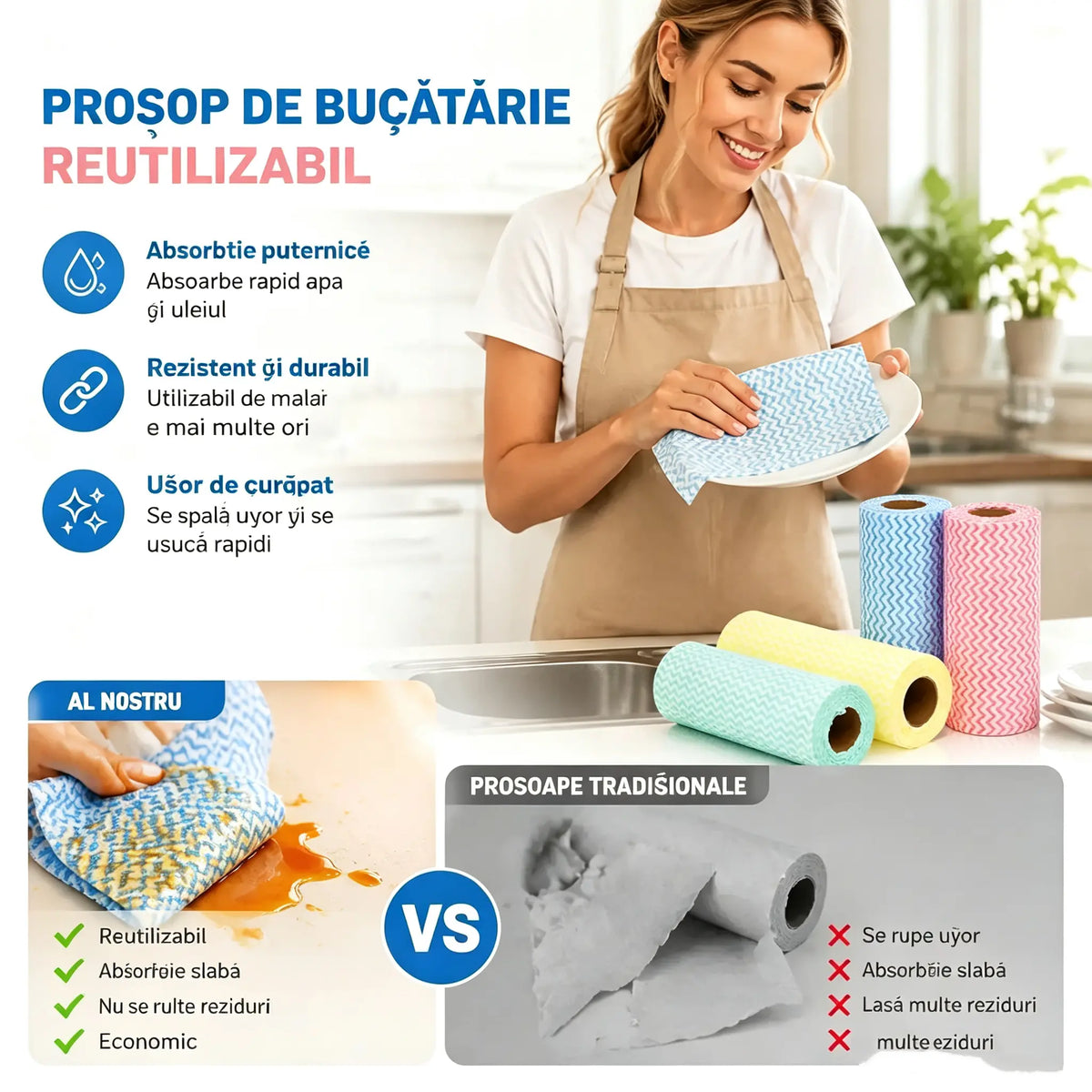 Rolă de cârpe de curățat reutilizabile și multifuncționale. [Patru role sunt suficiente pentru mai mult de un an.]