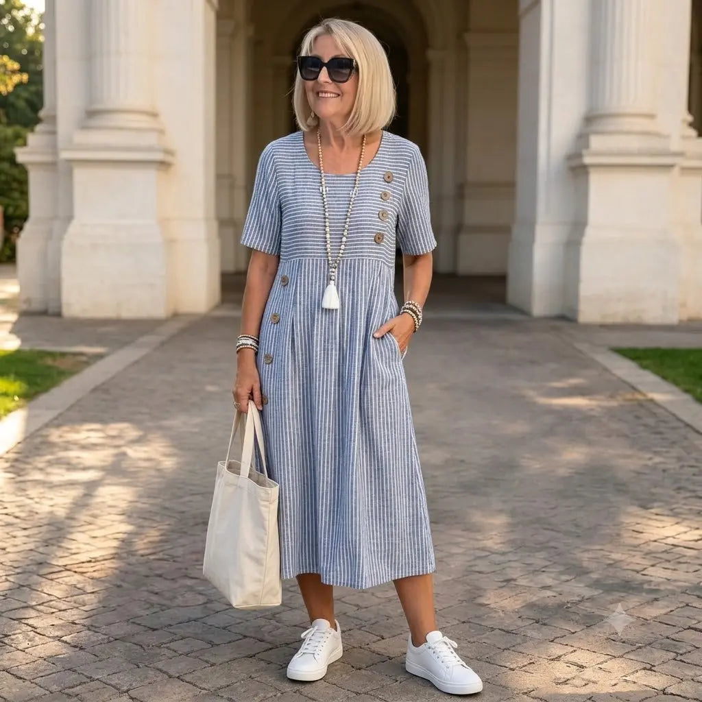 👗🏕️【S-2XL】Rochie midi cu dungi, ușoară și vaporoasă