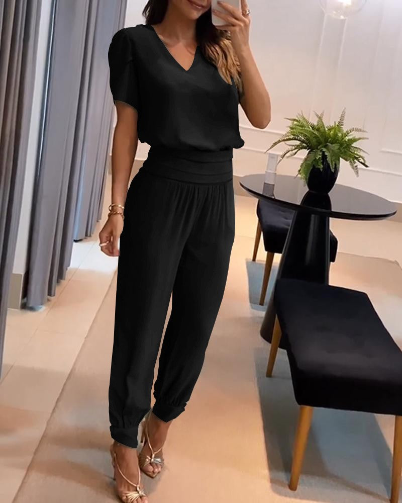 【Top+Pantaloni】 Costum casual de dama din doua piese cu modelSet din două piese de pantaloni cu mânecă scurtă cu decolteu în V imprimați pentru femei