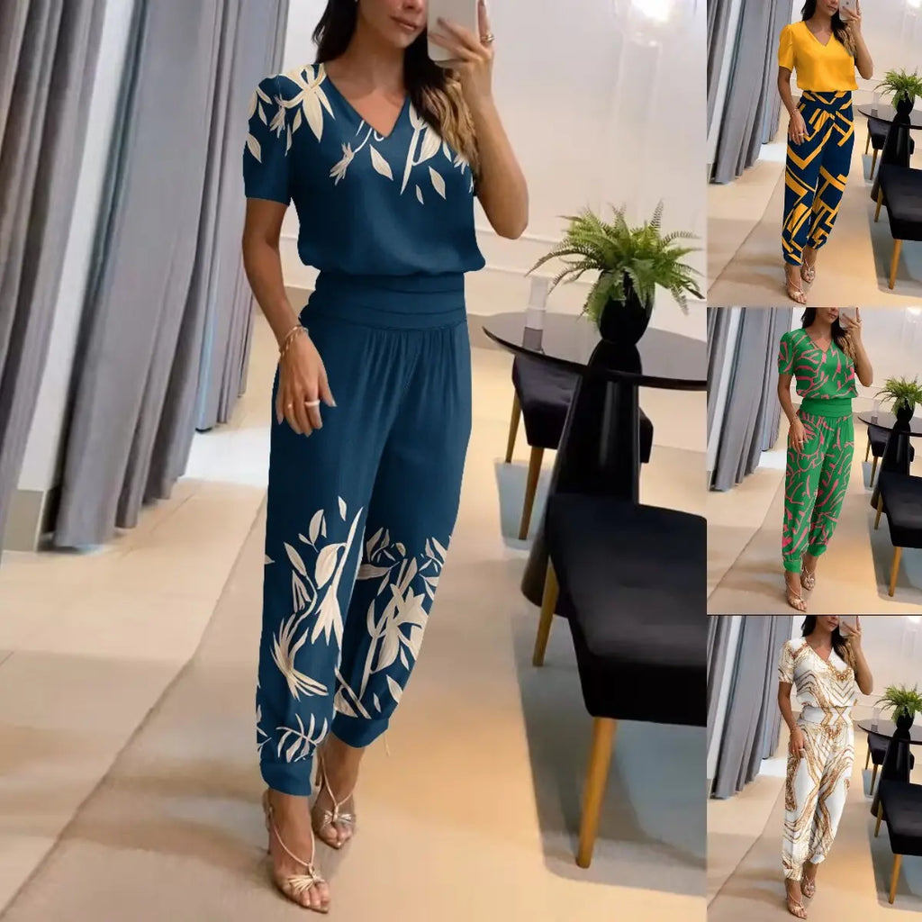 【Top+Pantaloni】 Costum casual de dama din doua piese cu modelSet din două piese de pantaloni cu mânecă scurtă cu decolteu în V imprimați pentru femei