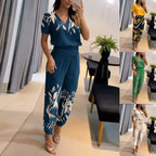 【Top+Pantaloni】 Costum casual de dama din doua piese cu modelSet din două piese de pantaloni cu mânecă scurtă cu decolteu în V imprimați pentru femei