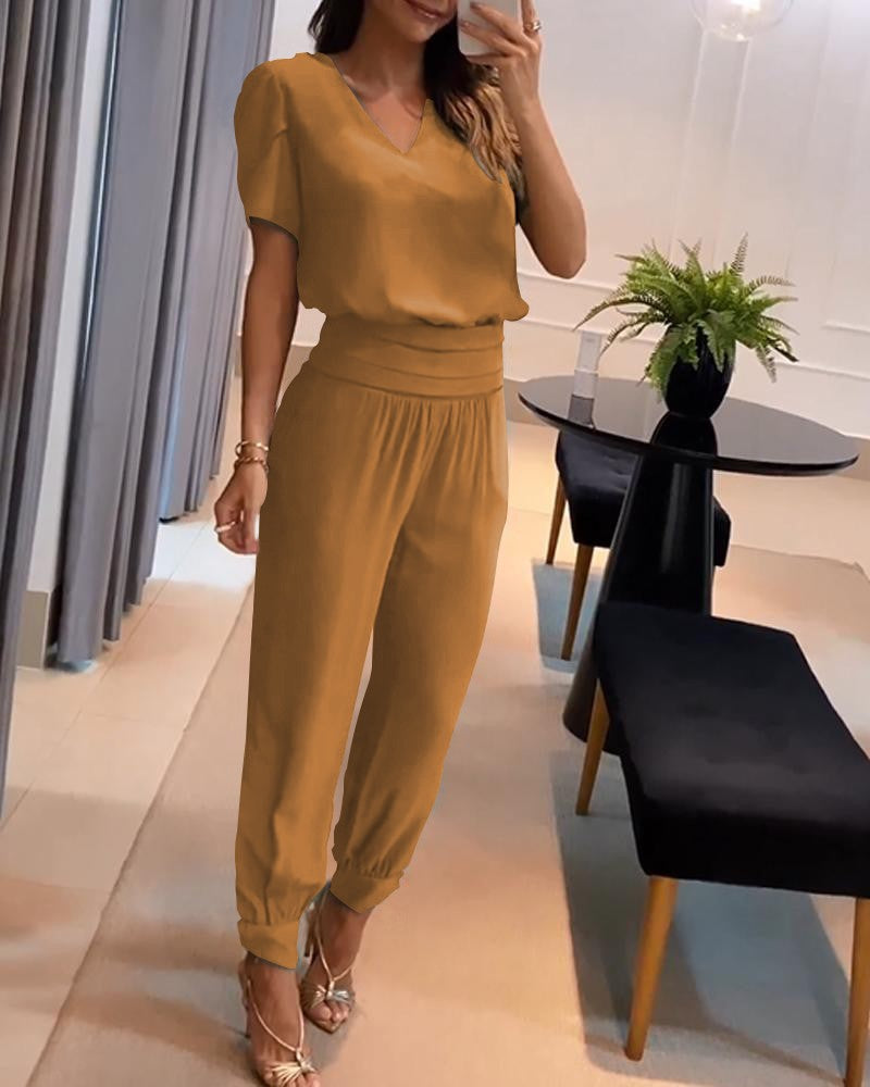【Top+Pantaloni】 Costum casual de dama din doua piese cu modelSet din două piese de pantaloni cu mânecă scurtă cu decolteu în V imprimați pentru femei