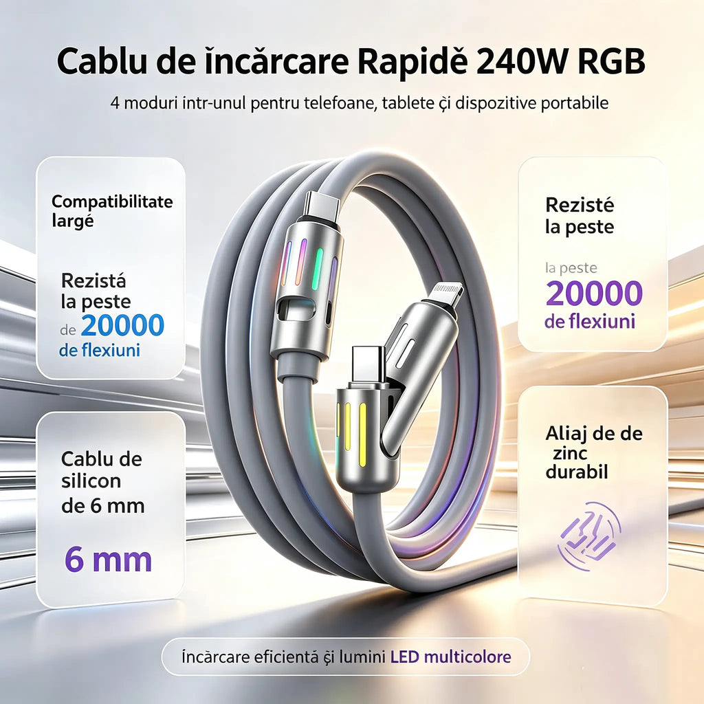 🔥 【2 bucăți la 119 de lei】 🔥 (2 metri lungime) Cablu 4 în 1 PD 240 W – USB-C, Lightning și încărcare rapidă USB-A, aluminiu și silicon, sincronizare date ⚡📱