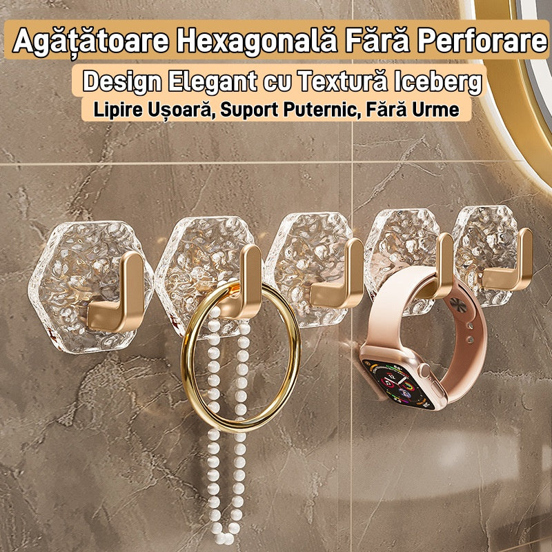 💥🏆【10/20/30 Buc】Agățătoare Hexagonală Fără Perforare.💎 Design Elegant cu Textură Iceberg – Lipire Ușoară, Suport Puternic, Fără Urme 🛁