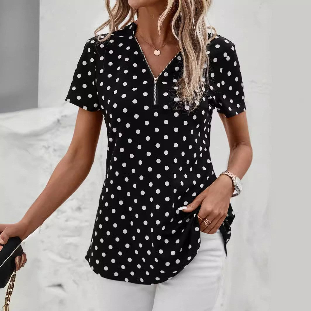 💥【49%OFF!!Livrare gratuită!】👚2026 noua maneca scurta cu imprimeu cu buline, top neregulat cu fermoar cu decolteu in V