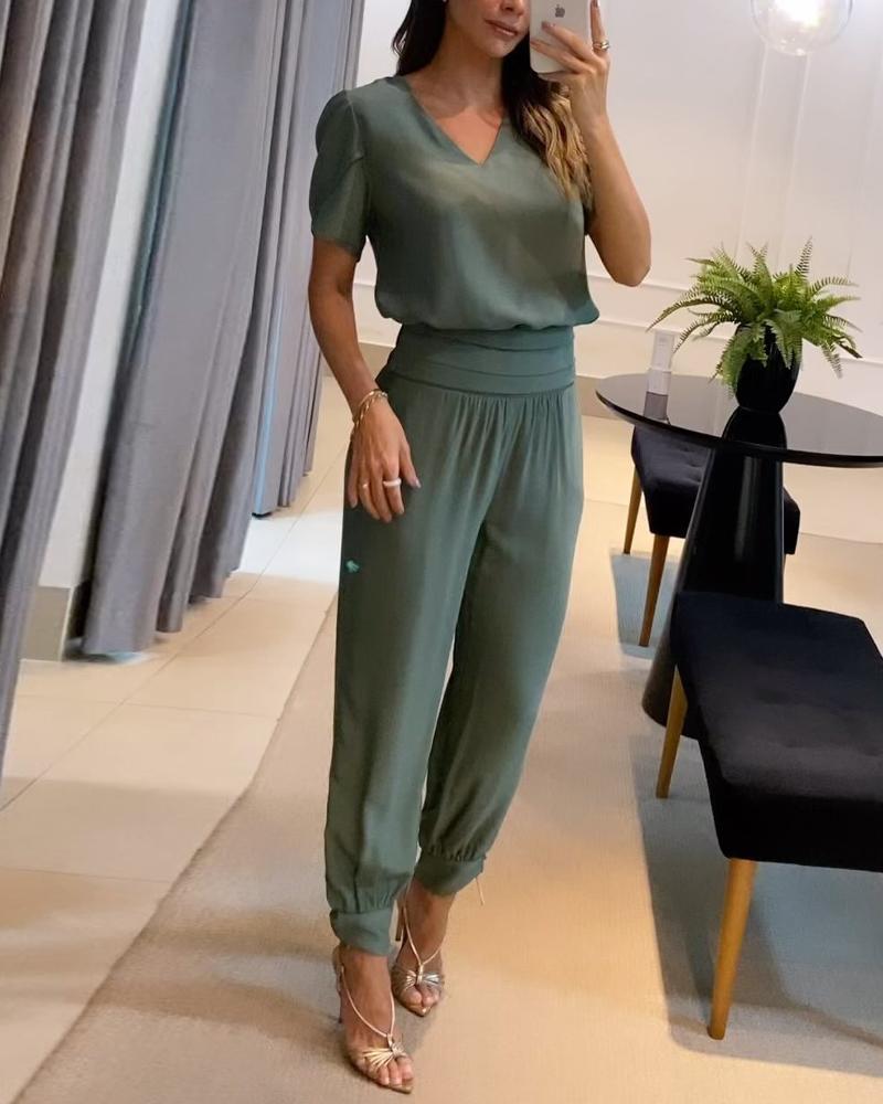 【Top+Pantaloni】 Costum casual de dama din doua piese cu modelSet din două piese de pantaloni cu mânecă scurtă cu decolteu în V imprimați pentru femei