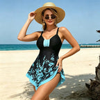Costum de Baie 2 Piese cu Rochiță Flotantă, Imprimeu Floral Albastru, Design Elegant pentru Controlul Abdomenului, Confortabil și Respirabil