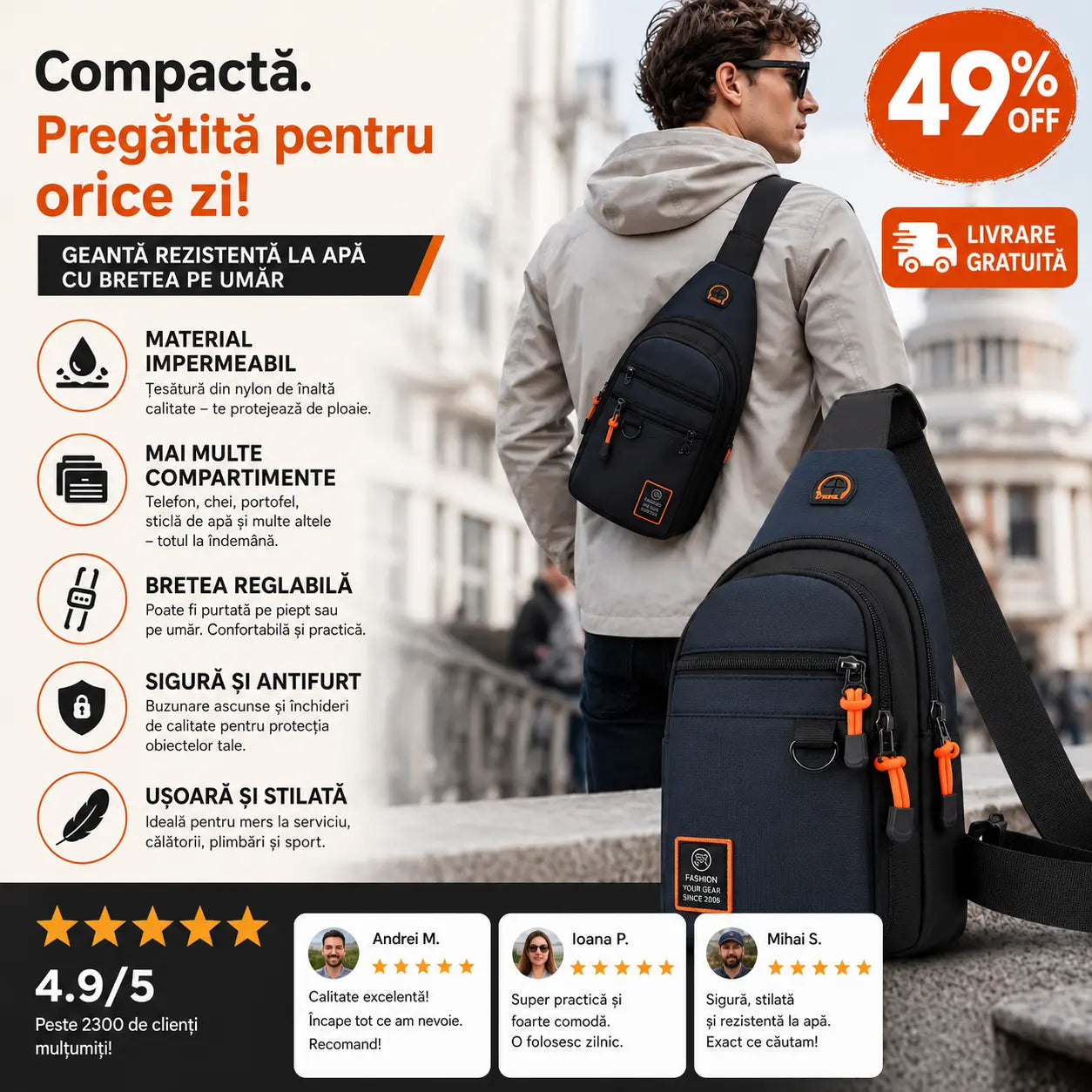 🎒✨ Geantă de umăr impermeabilă cu buzunare multiple – organizare practică, curea reglabilă și orificiu pentru căști