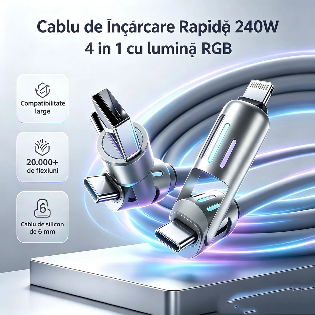 🔥 【2 bucăți la 119 de lei】 🔥 (2 metri lungime) Cablu 4 în 1 PD 240 W – USB-C, Lightning și încărcare rapidă USB-A, aluminiu și silicon, sincronizare date ⚡📱
