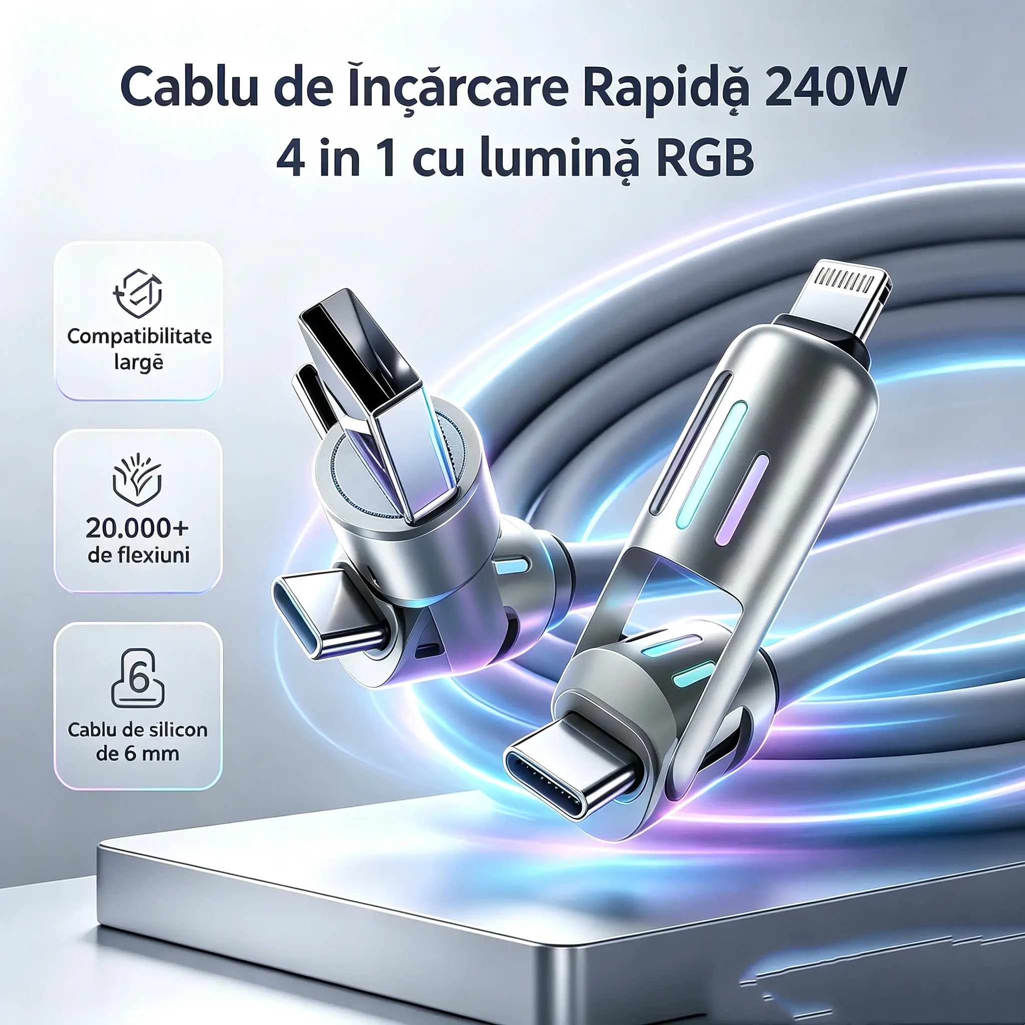🔥 【2 bucăți la 119 de lei】 🔥 (2 metri lungime) Cablu 4 în 1 PD 240 W – USB-C, Lightning și încărcare rapidă USB-A, aluminiu și silicon, sincronizare date ⚡📱