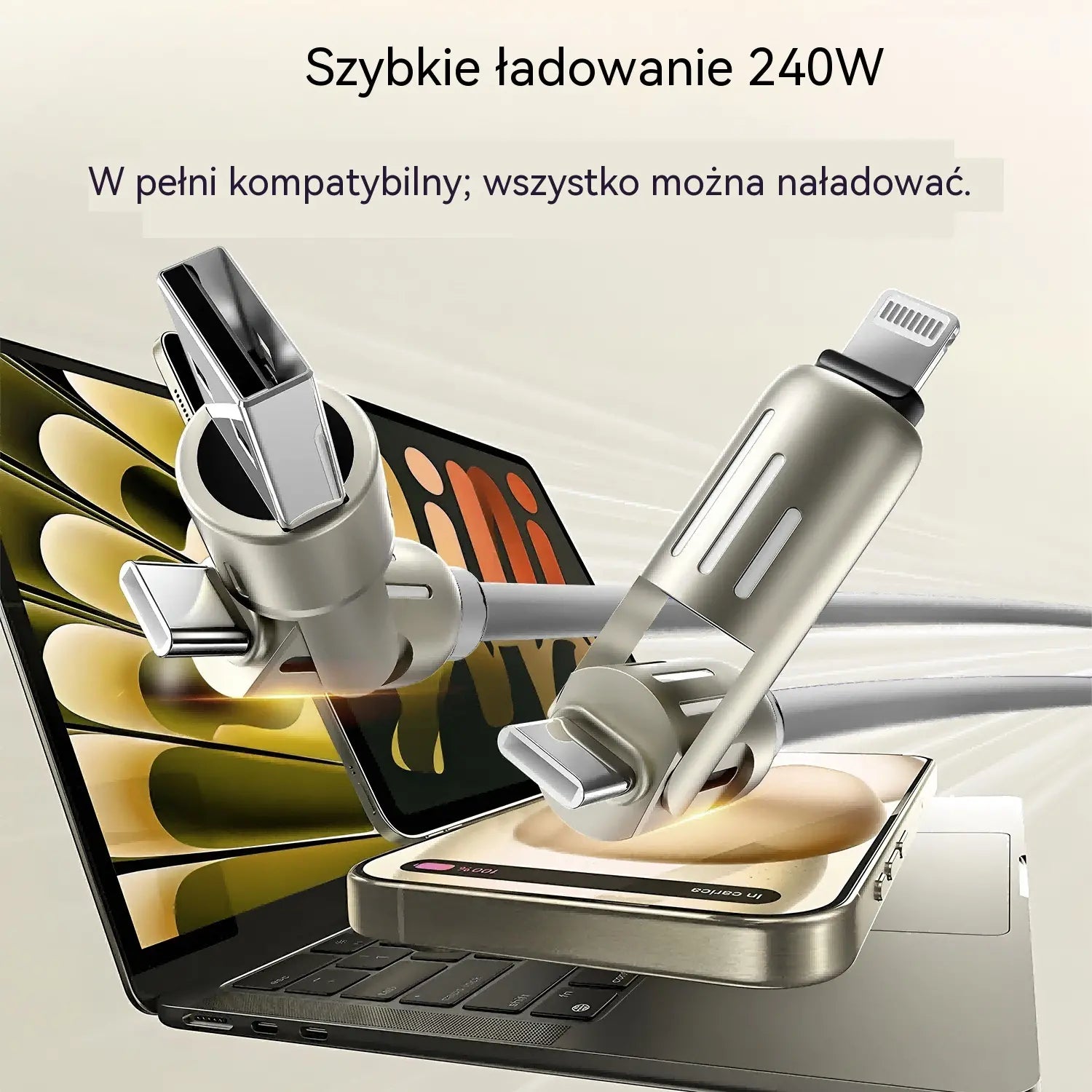 🔥 【2 bucăți la 119 de lei】 🔥 (2 metri lungime) Cablu 4 în 1 PD 240 W – USB-C, Lightning și încărcare rapidă USB-A, aluminiu și silicon, sincronizare date ⚡📱