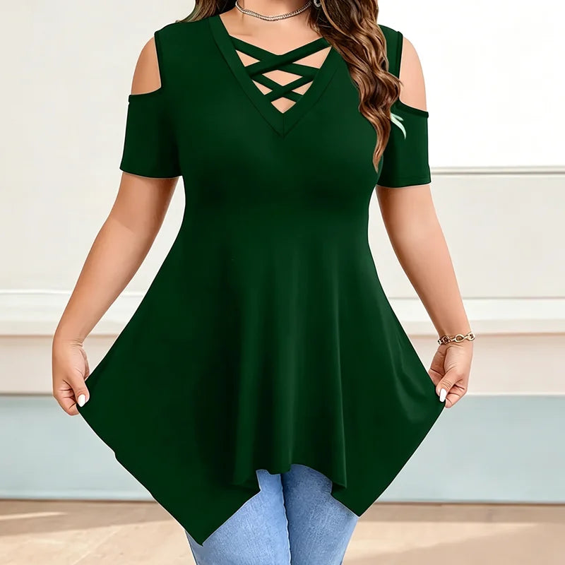 👚【S-5XL】Tricou modern cu decolteu în V încrucișat și umeri goi