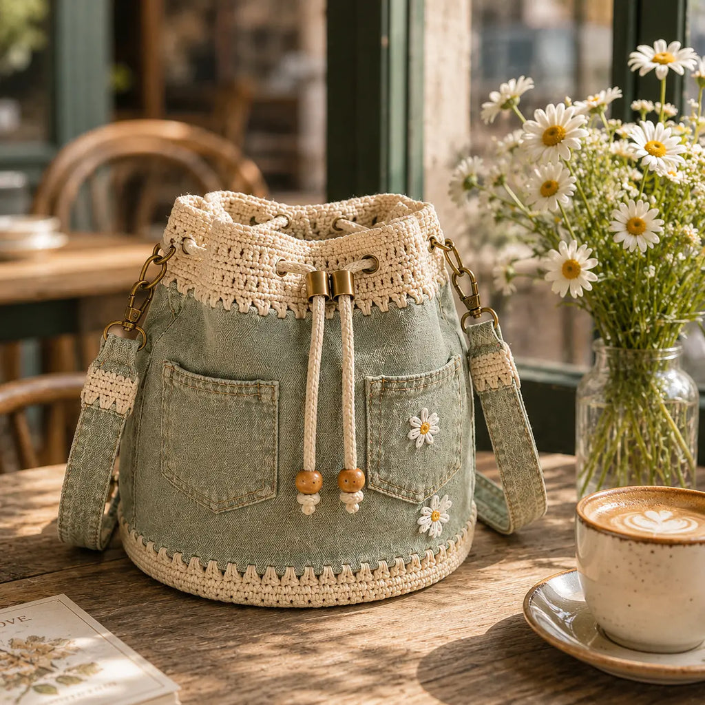 🎒Geantă Boho din Denim Împletit, Potrivită pentru Diverse Stiluri ✨