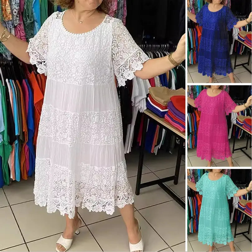 ✨✨【S-5XL】Rochie tricou nouă cu mânecă scurtă, cu gât rotund, din dantelă