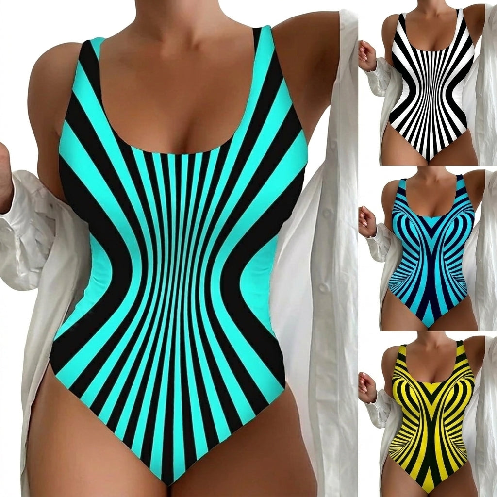 👙【S~6XL】Costum de baie întreg cu dungi, croială care subțiază, material elastic și cu uscare rapidă.
