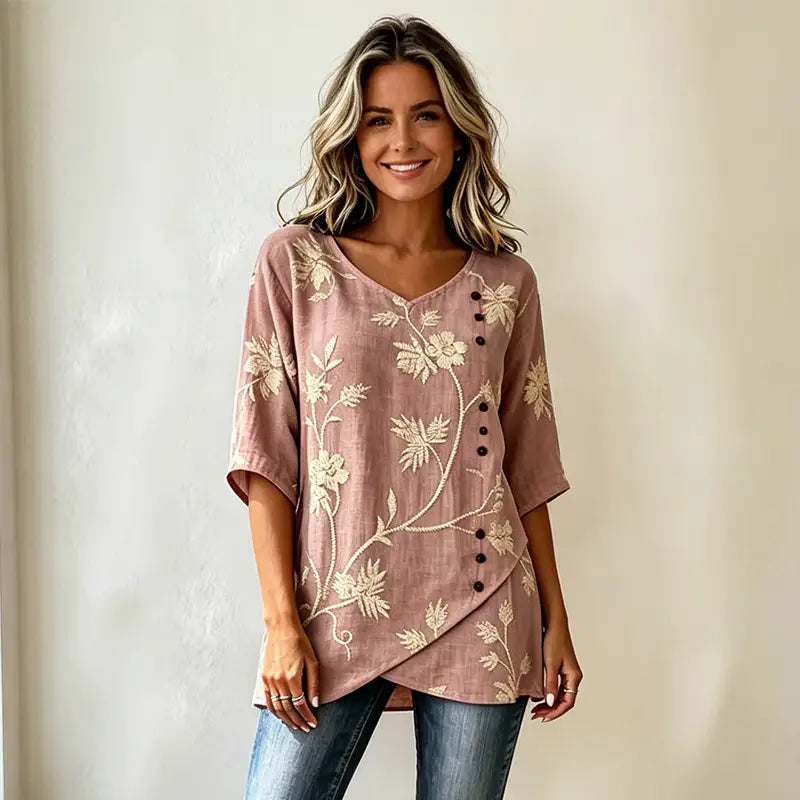 Bluză Vintage din In și Bumbac cu Broderie Florală, Gât în V și Design Asimetric cu Nasturi, Material Respirabil și Moale, Stil Retro Elegant